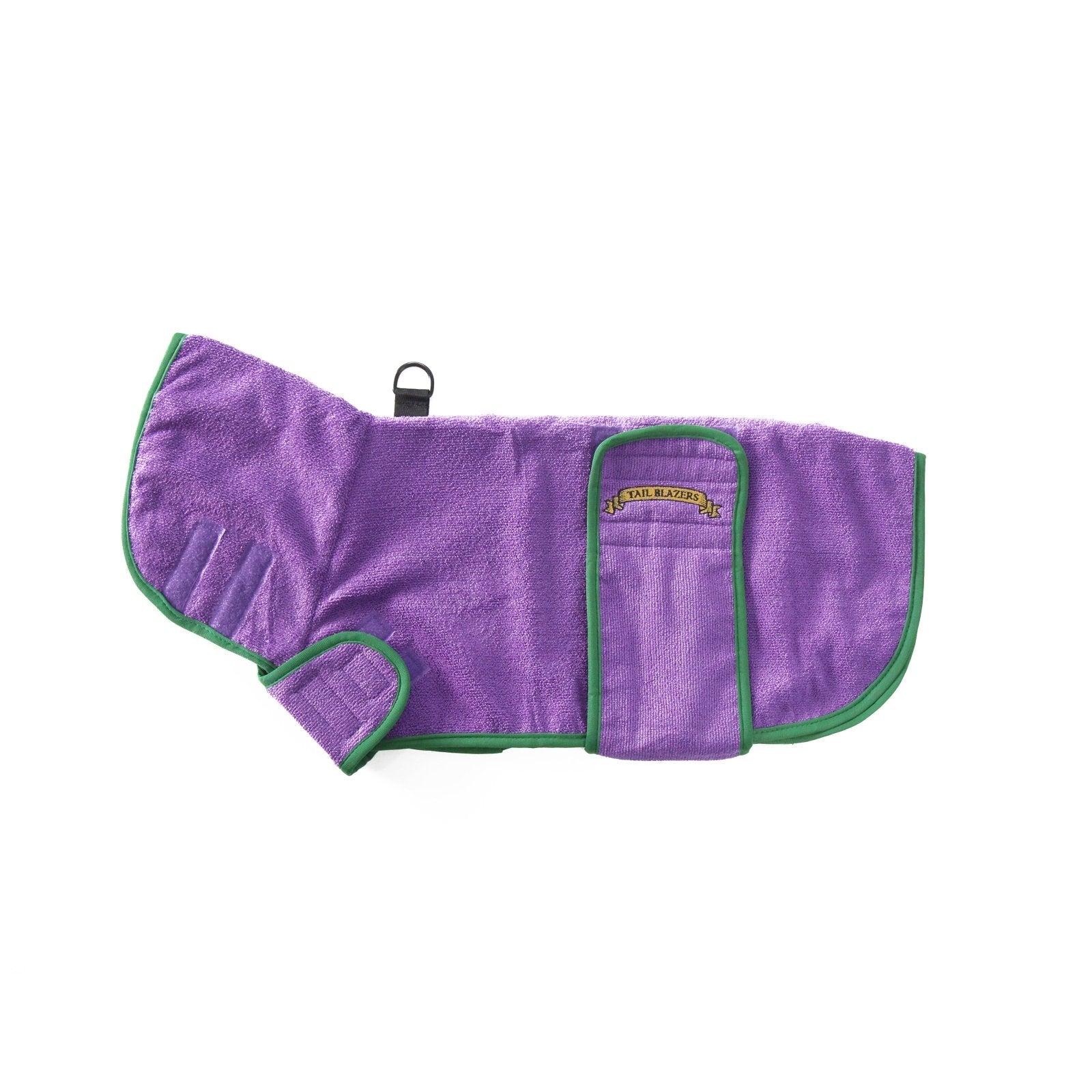 Product image side view of a purple microfibre towelling dog coat