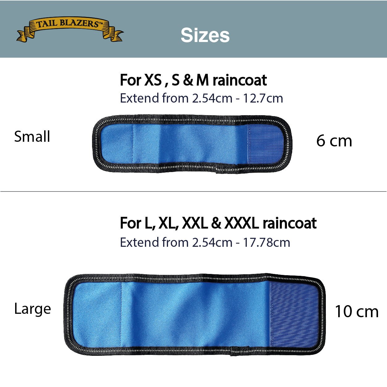 Images of dog jacket extension flap of two sizes dimension