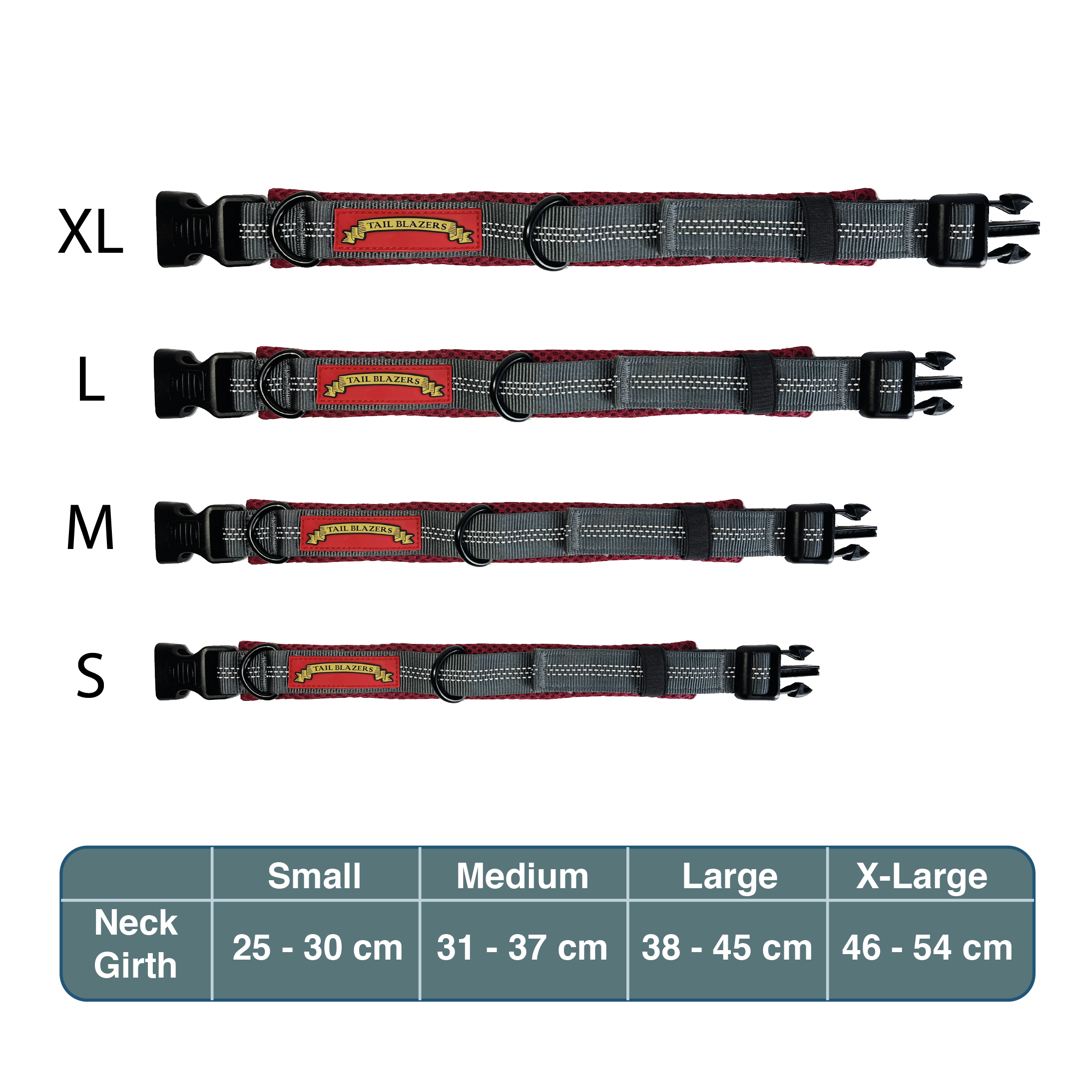 Dimension of the four sizes dog collar