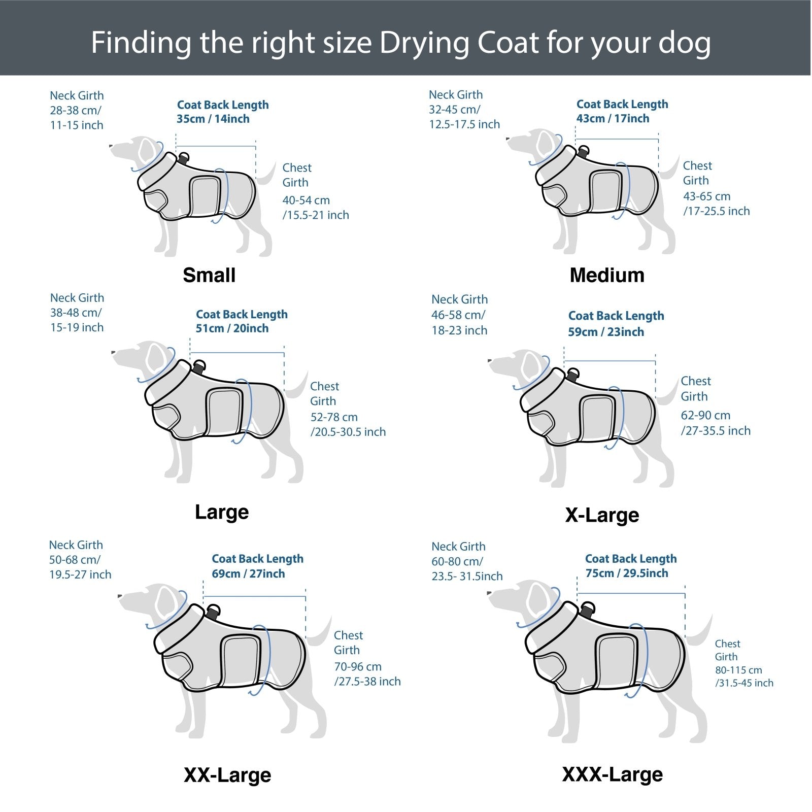 Illustration of dog drying coat size guide in 6 sizes from small to xxxl
