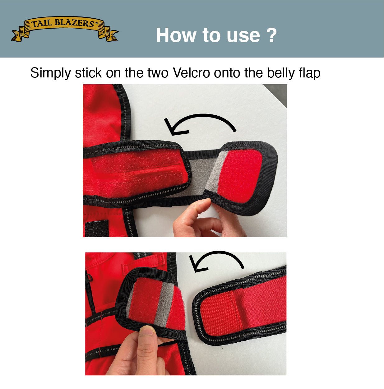 image descriptions on how to use the dog jacket extension flap