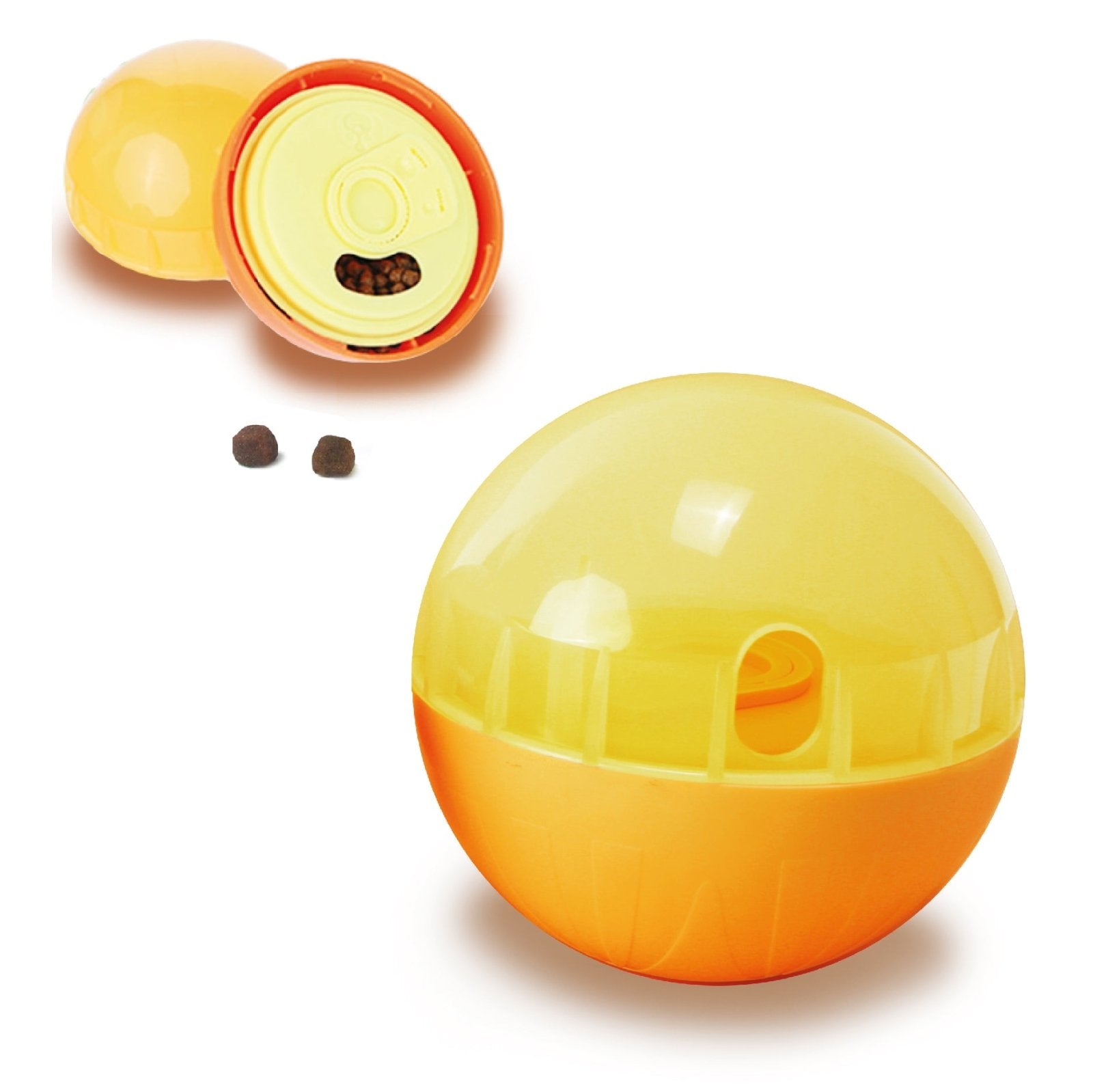 Product image of a treat ball showing open and close status on white background