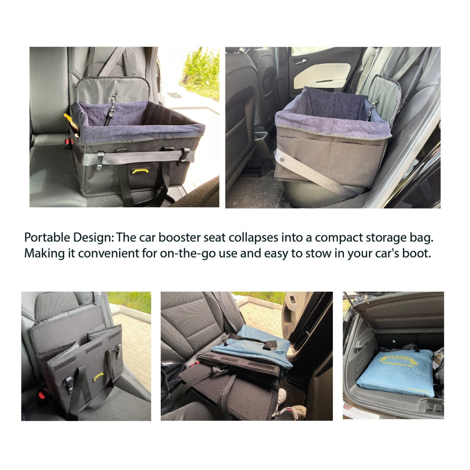 Step by step images showing how to store the foldable car seat