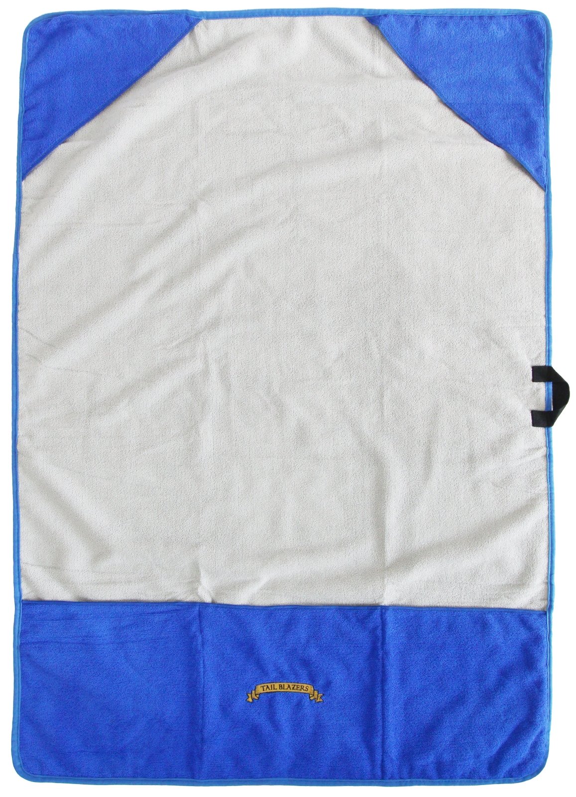 An unfolded grey colour towel with hand pockets at corner