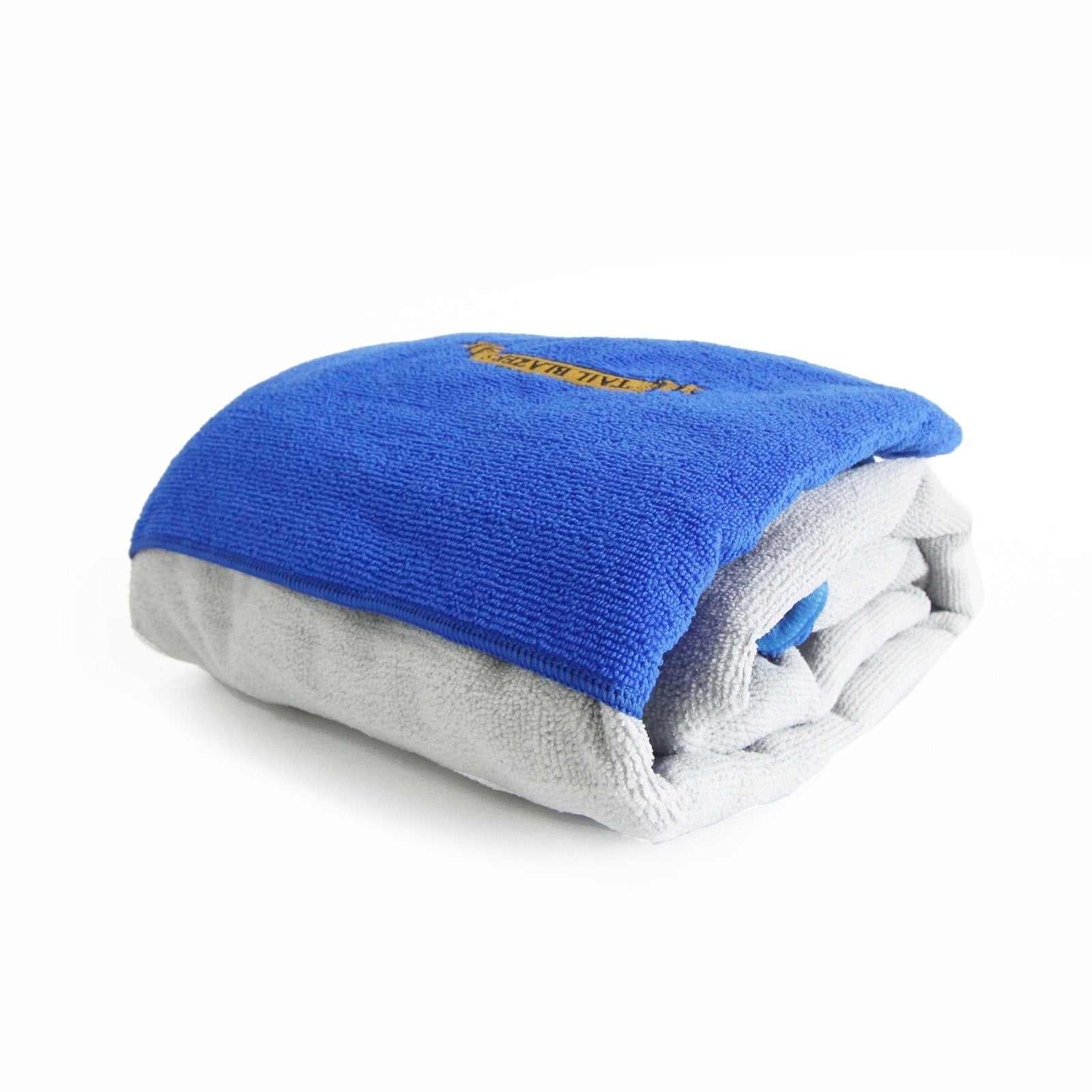 Folded microfibre thick towel in blue and grey