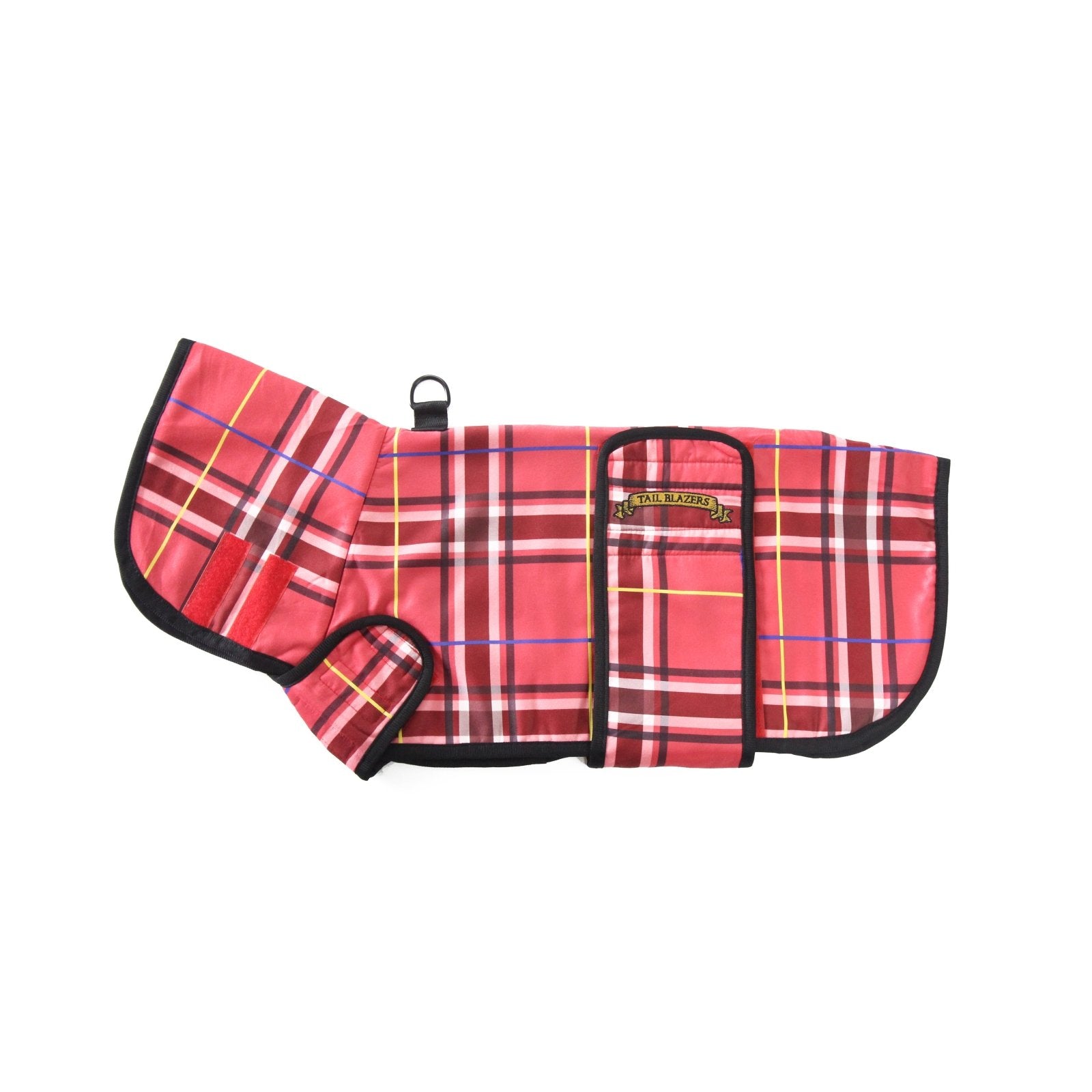 Product image of a red dog warm coat in tartan pattern