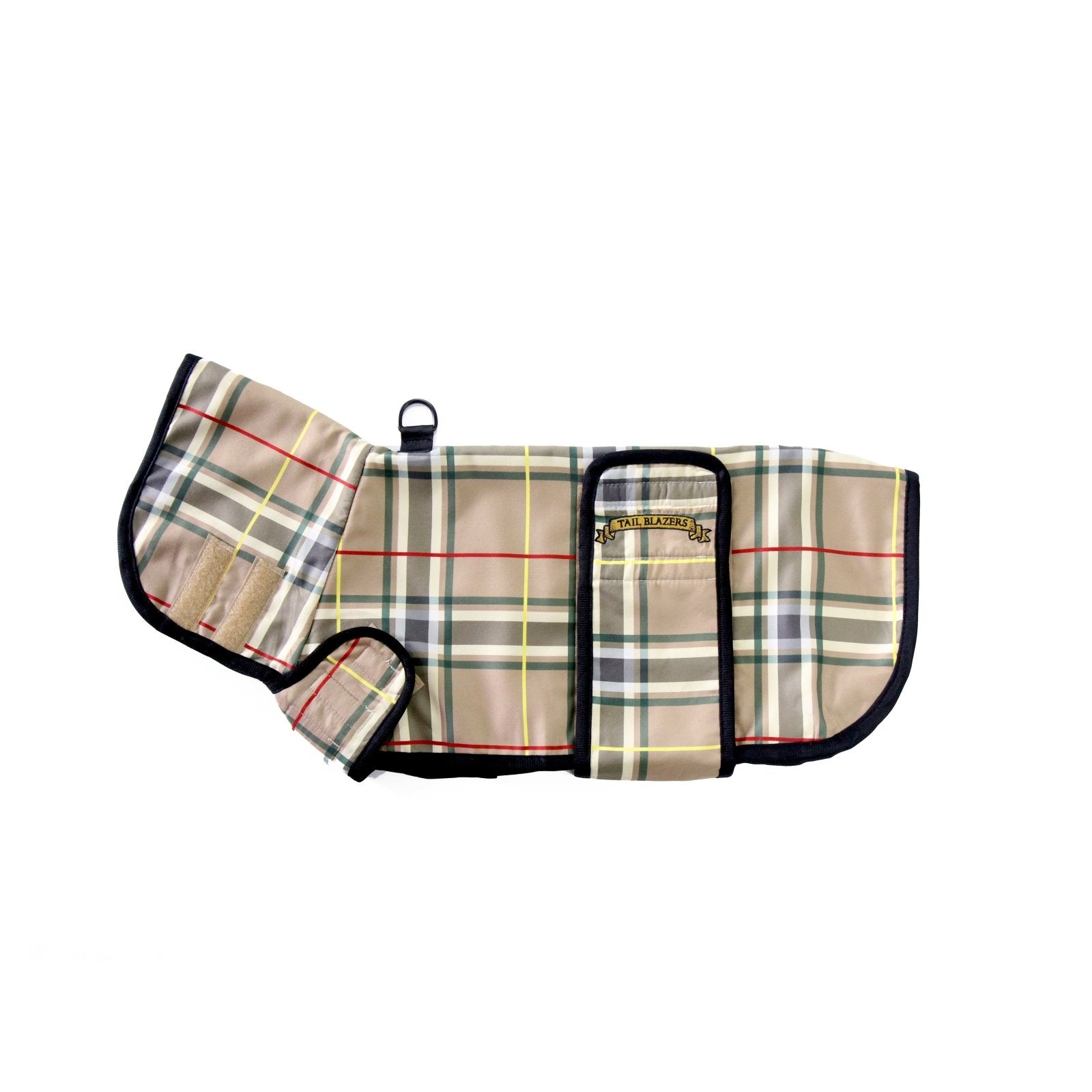 Product image of a beige checked pattern dog warm coat side view