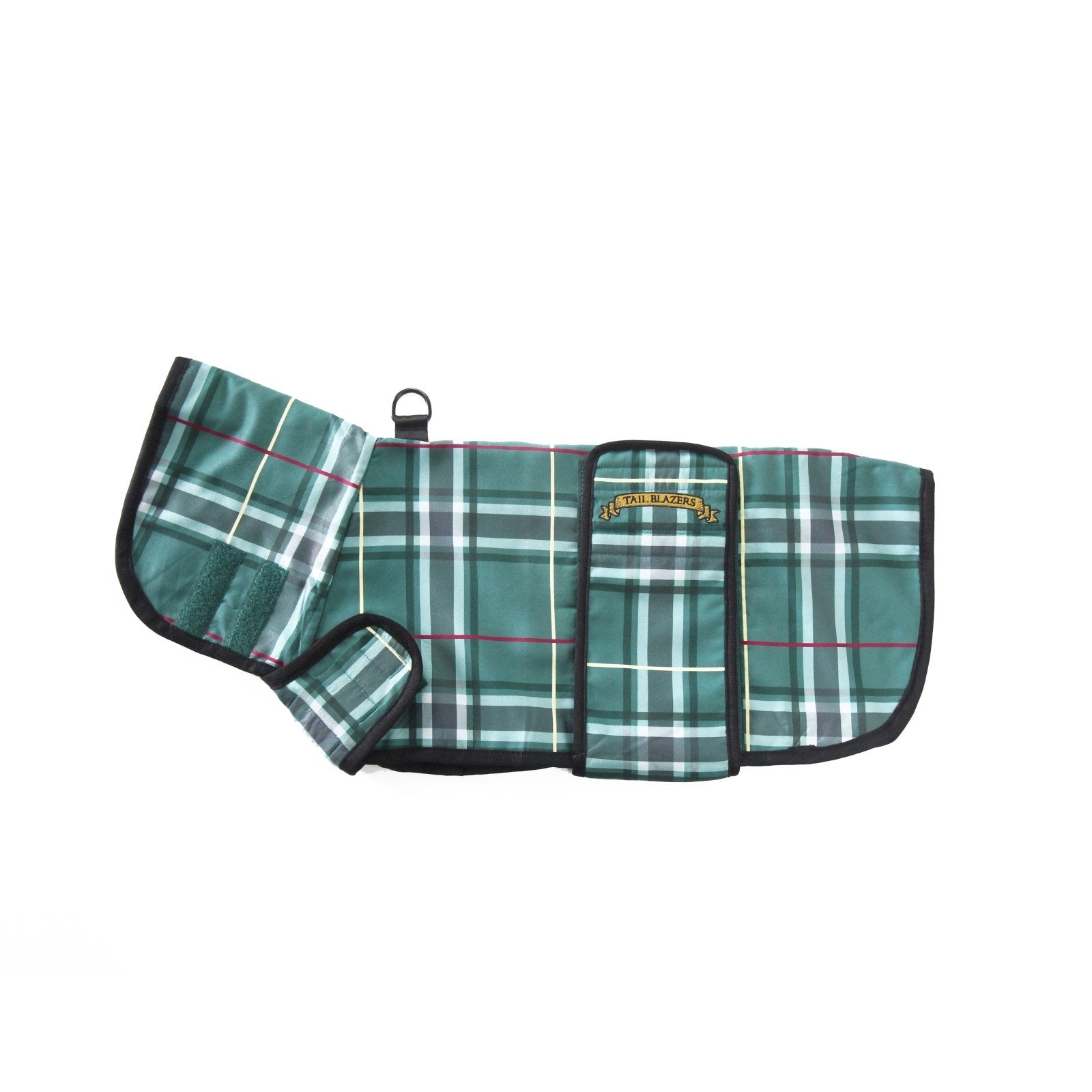 Product image of a green checked pattern dog coat on white background