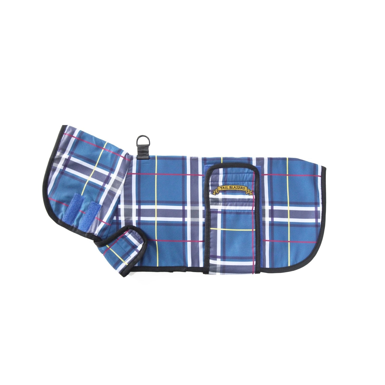 Tartan blue premium drying coat side view on white background