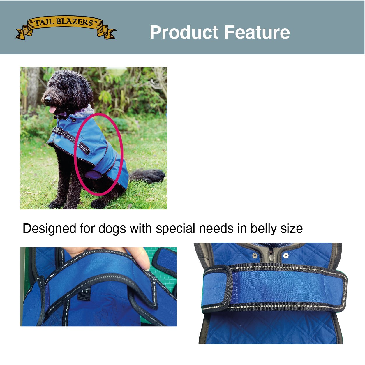 Description images of the raincoat extension flap in blue