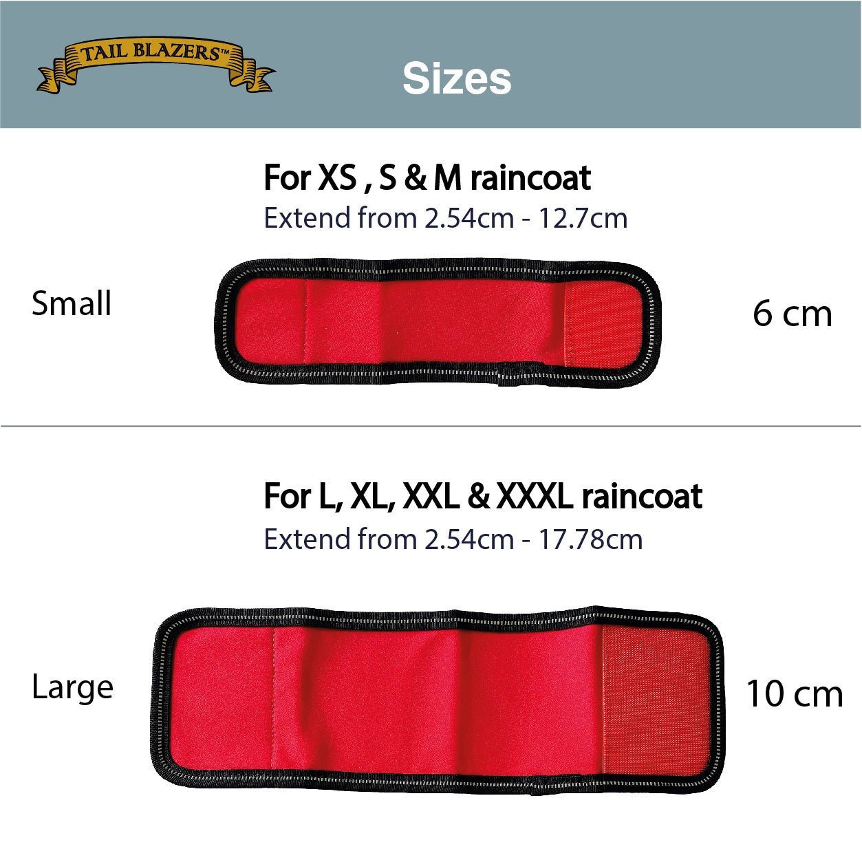 Illustration of the dog raincoat jacket extension flap dimension of two sizes