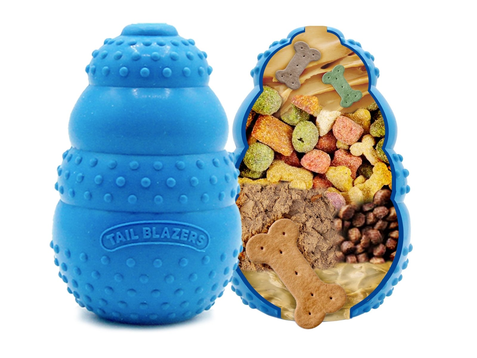 Cross section of natural rubber Kong liked chewer with layers of food stuffings