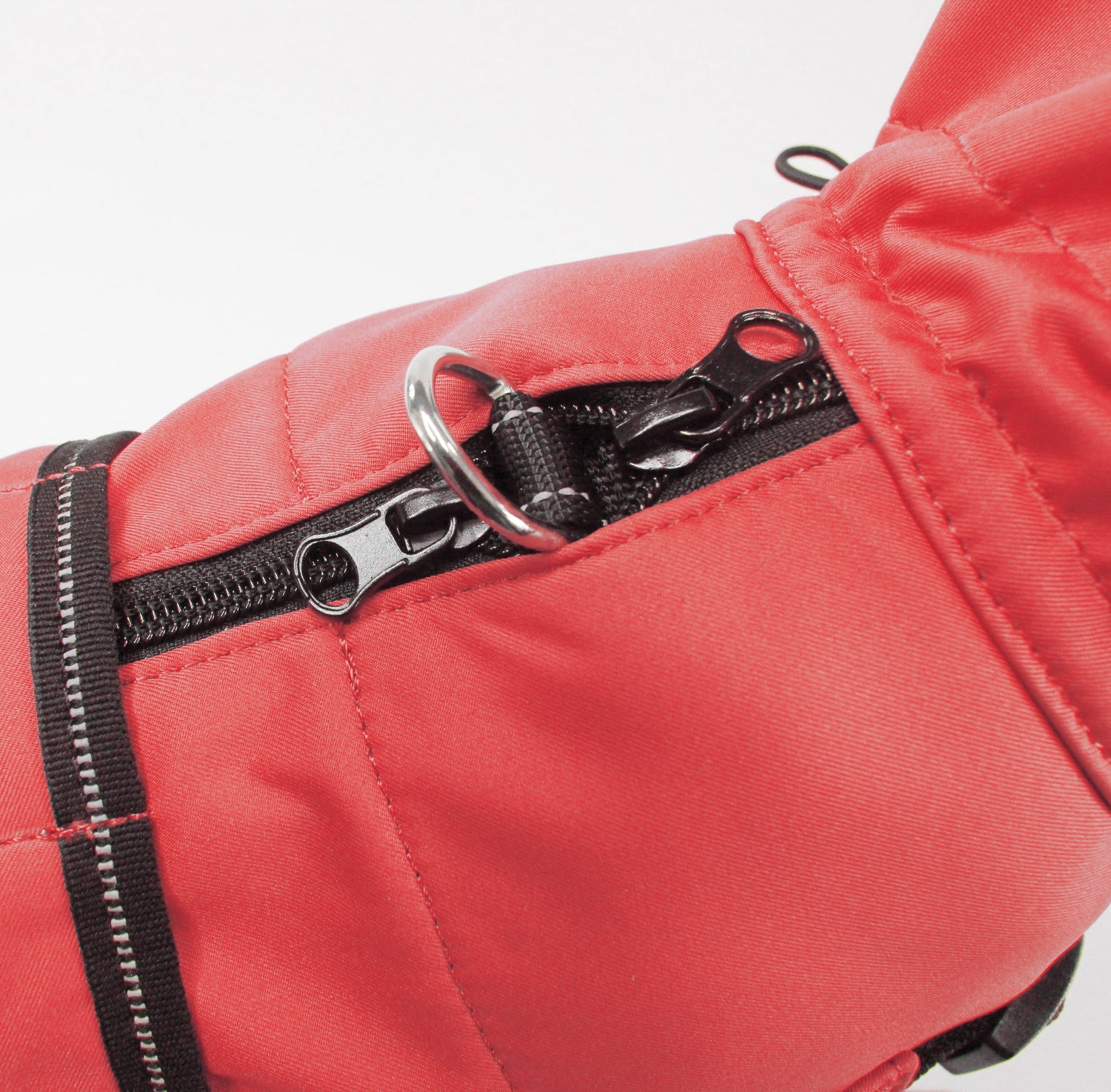 Red Waterproof Dog Coat with Harness Opening Close Up