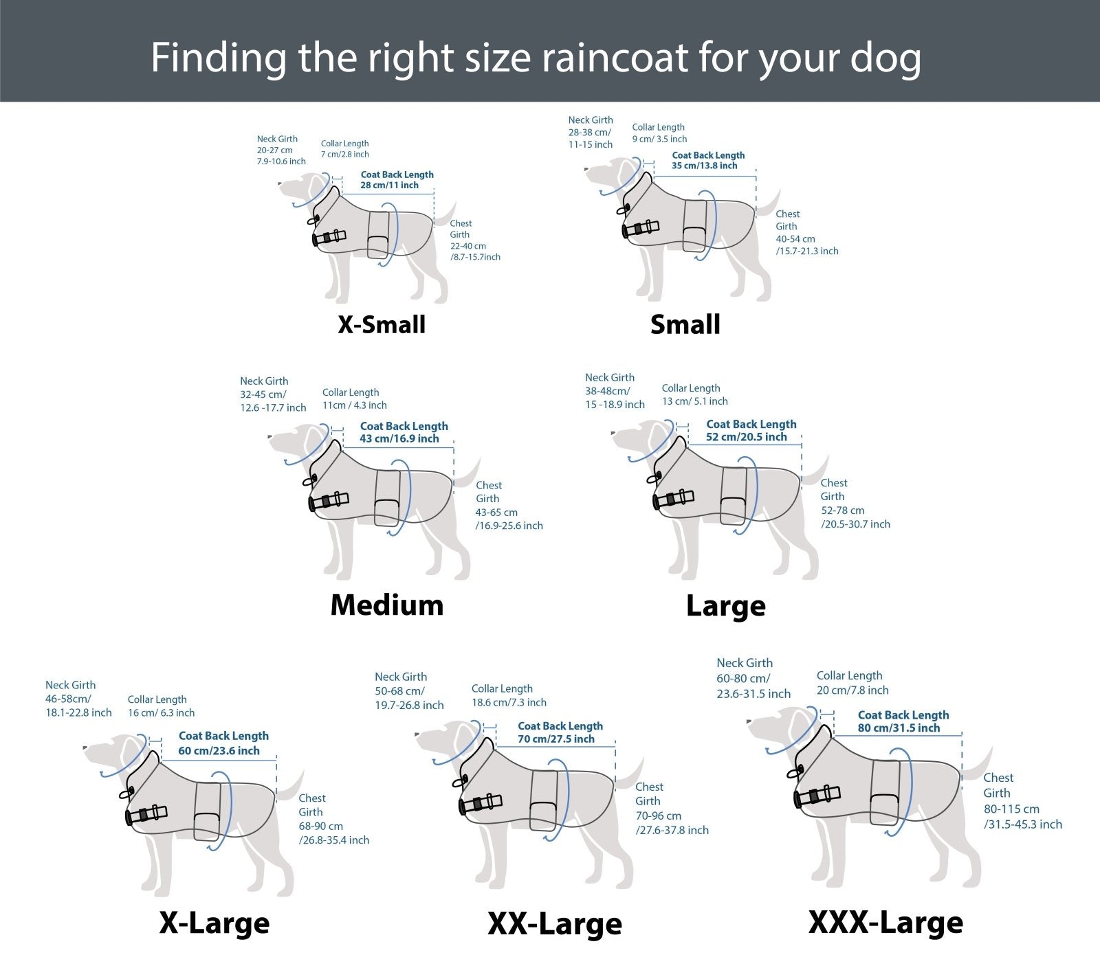 Illustration of waterproof dog coat size guide in 7 sizes from extra small to xxxl