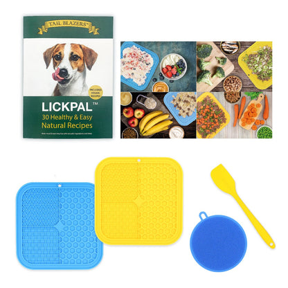 Showcase the slow feeding lick mat set with recipe book, two feeding mats, a spatula and cleaning brush