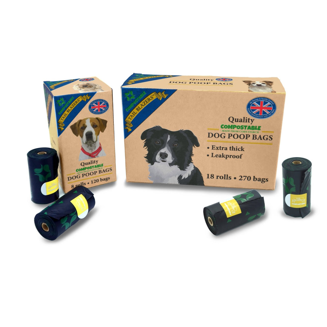 2 dog poo bag boxes with rolls on white background