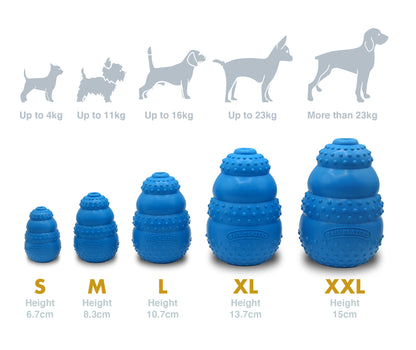 Natural Rubber dog chew toy- Tuff Chewer with illustration showing five sizes and weight of dog